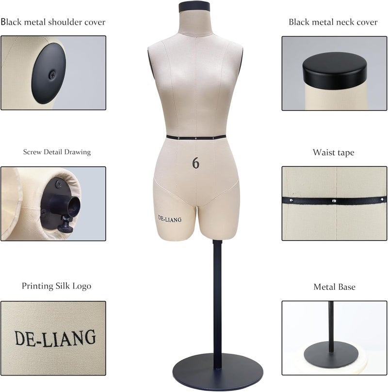 DE-LIANG Half Scale Dress Form（Not Adult Full Size） 1:2 Miniature Sewing Half Size Mannequin Not Fully Pinable Dressmaker Dummy 43cm Body Height Female Torso Tailor Model for Draping Beige - Image 4